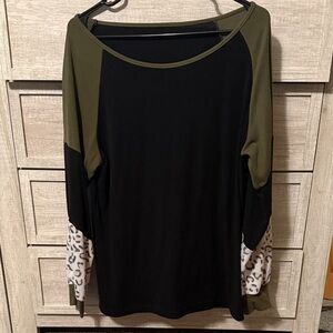 SHEIN Olive and Black Long Sleeve Top with Leopard Accents